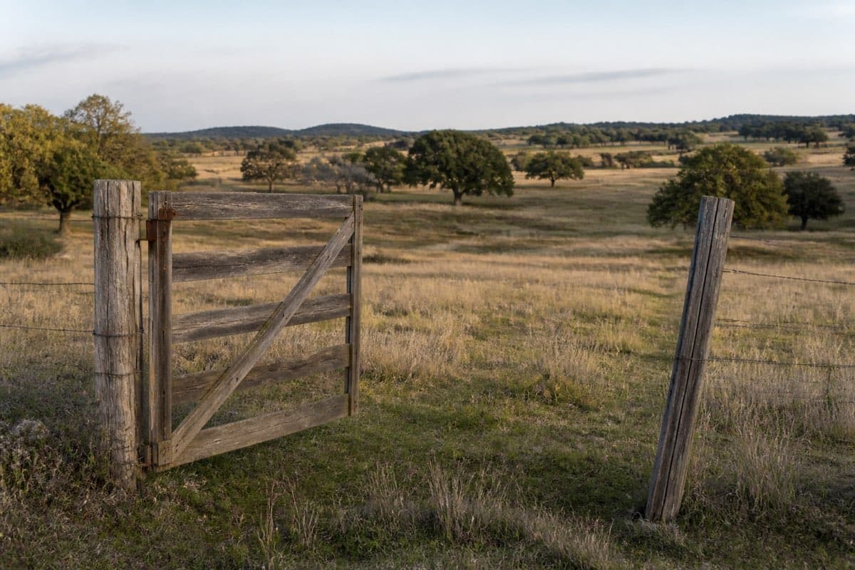 A weathered ranch gate standing open in a fence line, with open Hill Country grassland beyond it and no track leading away.