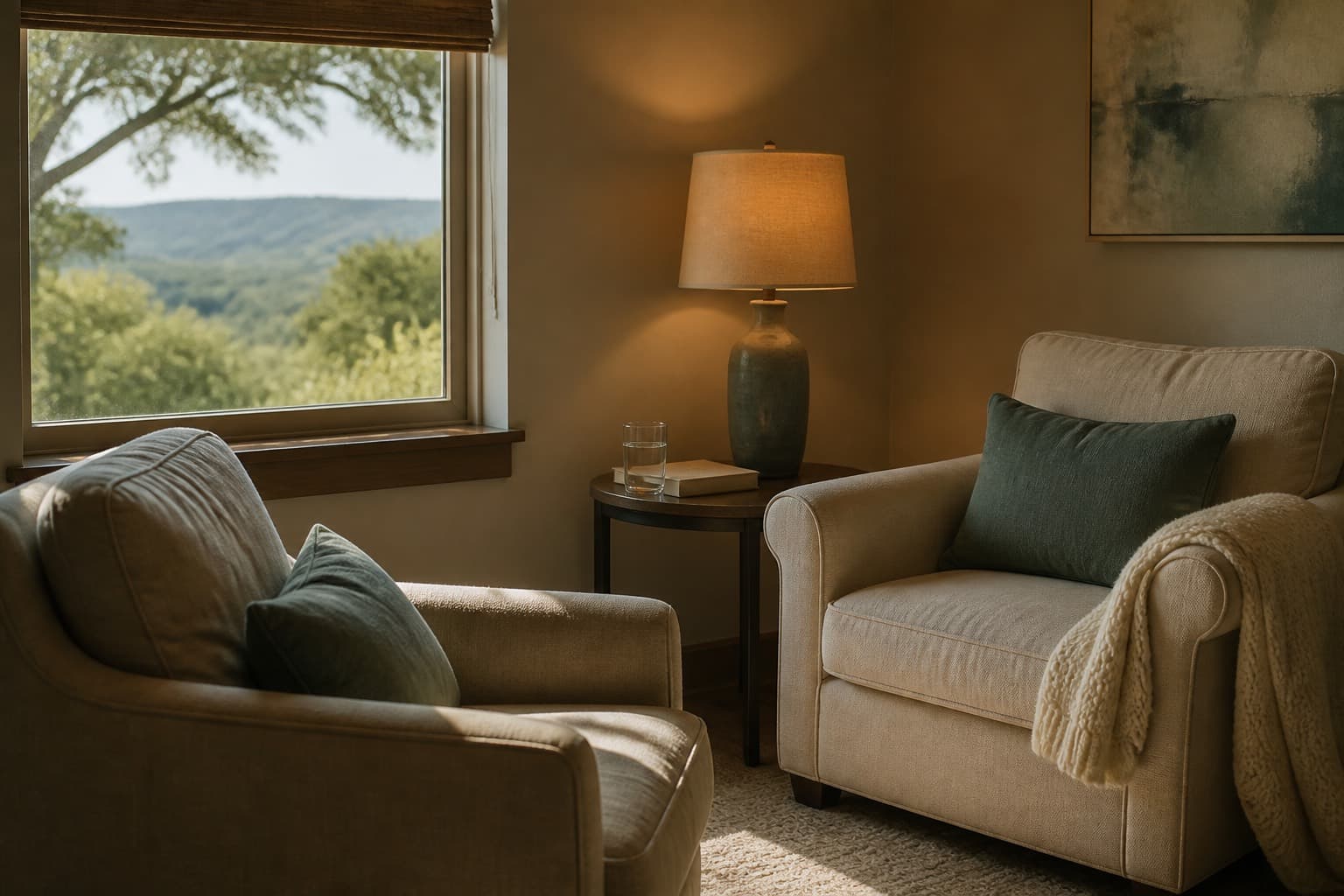 Two armchairs turned toward each other beside a lamp and a window looking out over Hill Country oaks.