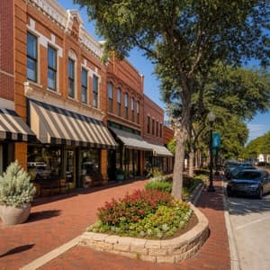 Brick storefronts on a downtown Plano street