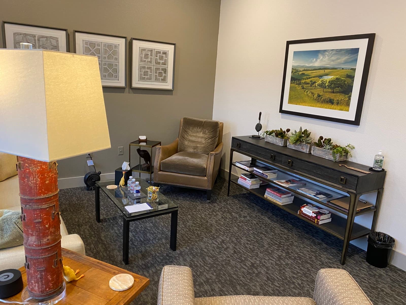 Another view of the counseling room showing an armchair, framed artwork, and a console table lined with books and plants.